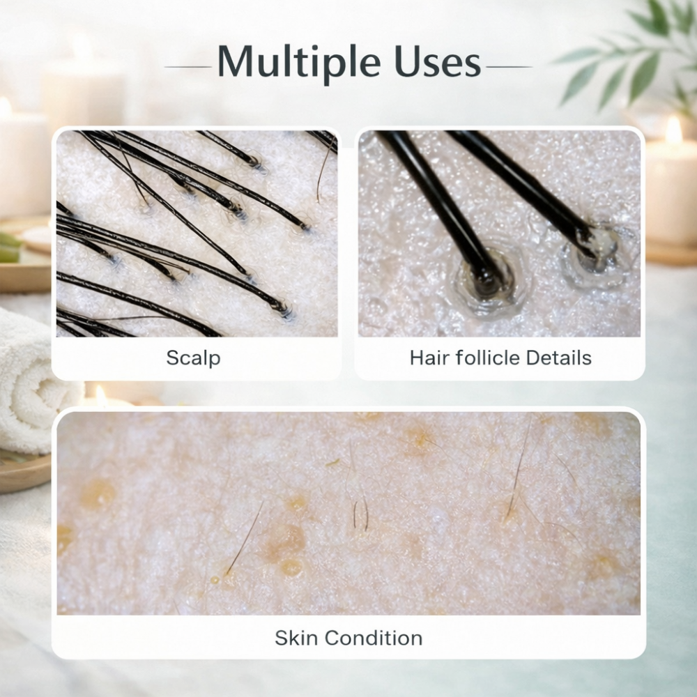 ScalpCam hair and scalp close-up with text showing multiple uses for scalp analysis, dandruff detection, scalp buildup checks, and hair root monitoring at home or in salons.