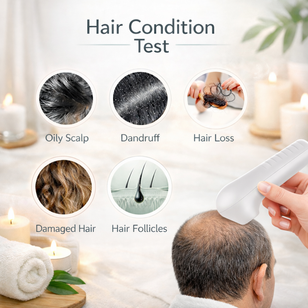 ScalpCam scalp analysis device being used on a person’s head with candles and towels nearby, showing a spa-style scalp test for dandruff detection, scalp inspection, and hair root monitoring.