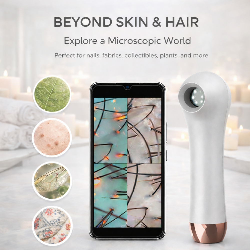 ScalpCam handheld scalp camera with smartphone app on a light background for close-up scalp analysis and dandruff detection