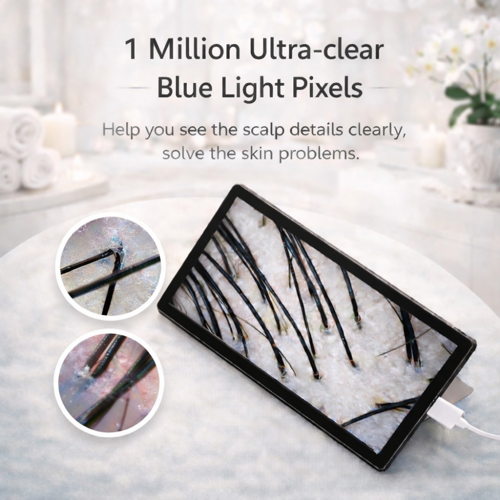 ScalpCam scalp examination device with blue light pixels on a white surface, designed for detailed scalp analysis, dandruff detection, hair root inspection, and at-home scalp health monitoring.