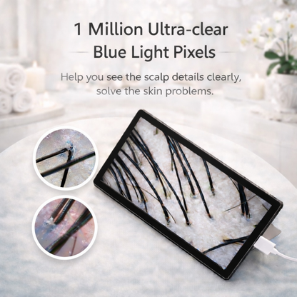 ScalpCam scalp examination device with blue light pixels on a white surface, designed for detailed scalp analysis, dandruff detection, hair root inspection, and at-home scalp health monitoring.