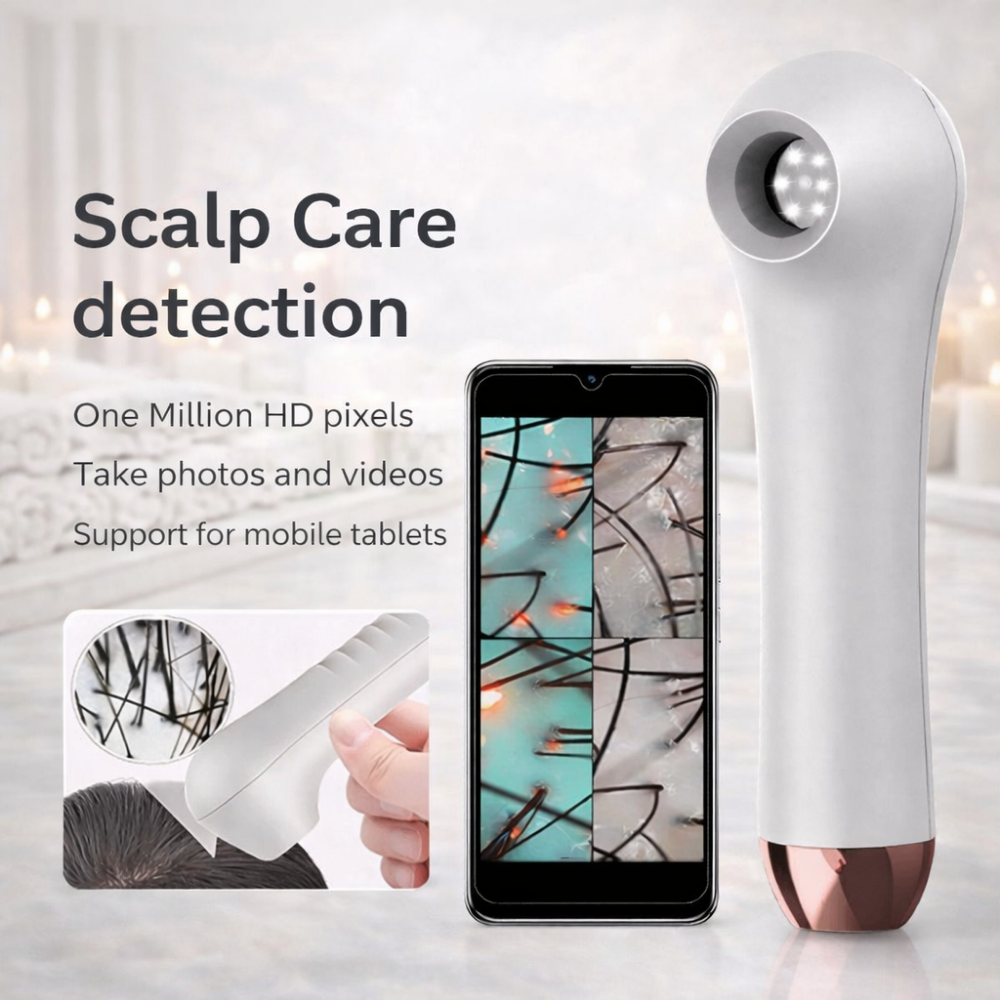 ScalpCam scalp analysis diagram showing common scalp and skin problems with labeled images for dandruff, dryness, buildup, irritation, and scalp health monitoring.