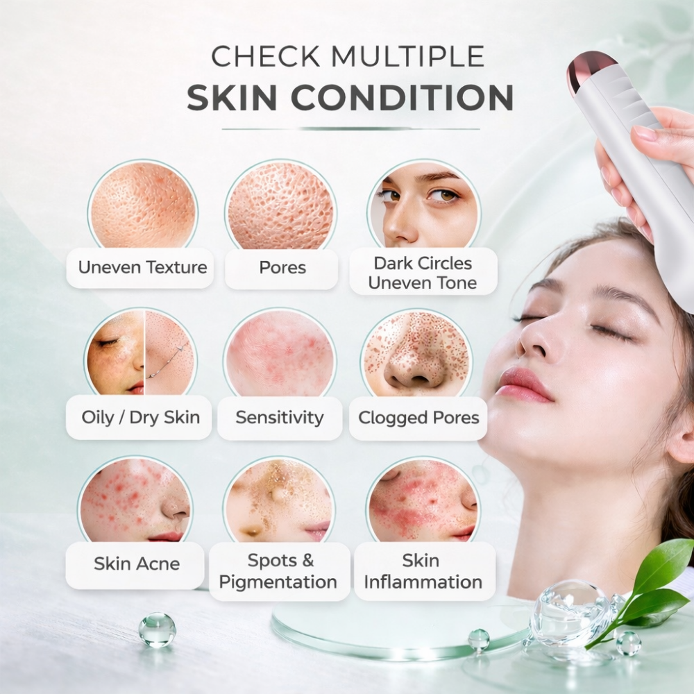 ScalpCam device with skin condition assessment chart on a light background for scalp analysis and scalp health evaluation