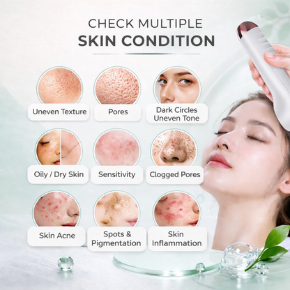 ScalpCam device with skin condition assessment chart on a light background for scalp analysis and scalp health evaluation