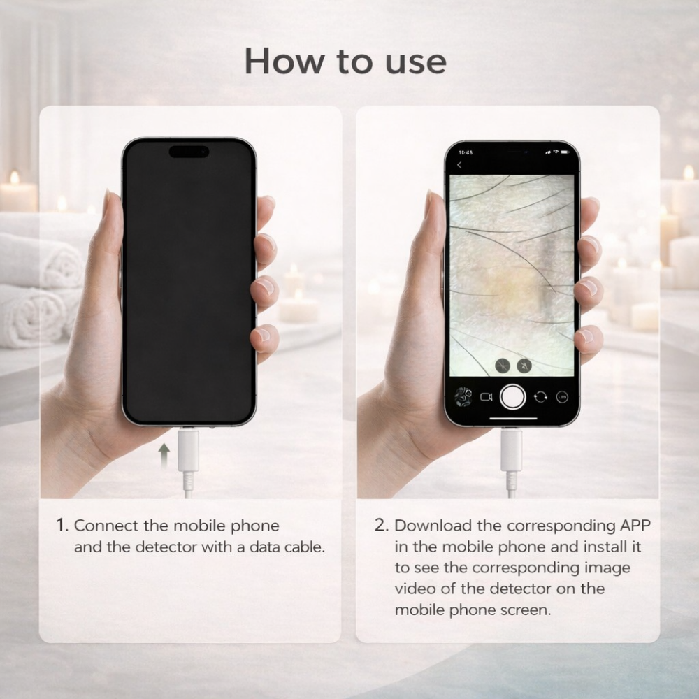 ScalpCam instructions showing how to connect a smartphone with the scalp detector, with a hand holding a phone displaying a scalp image for real-time scalp analysis and dandruff detection.