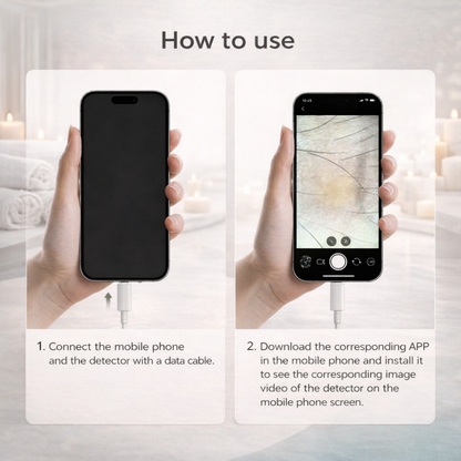 ScalpCam instructions showing how to connect a smartphone with the scalp detector, with a hand holding a phone displaying a scalp image for real-time scalp analysis and dandruff detection.