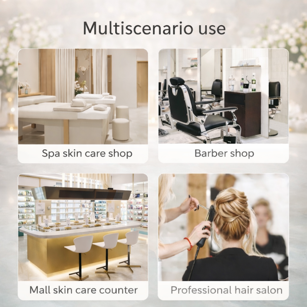 ScalpCam professional use collage featuring a spa skin care shop, barber shop, mall skin care counter, and hair salon for scalp analysis, scalp consultations, and hair care services.
