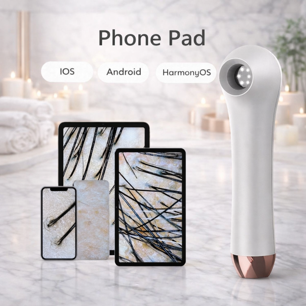 ScalpCam scalp analysis device with white phone stand on a marble surface, designed for scalp inspection, dandruff detection, hair root monitoring, and easy smartphone viewing at home.