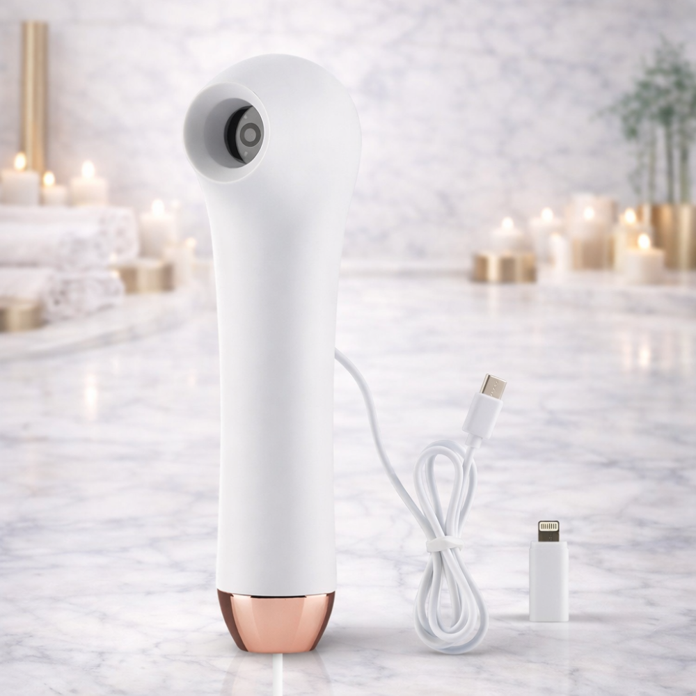 White ScalpCam scalp camera with rose gold base on marble surface with candles for scalp analysis and dandruff detection