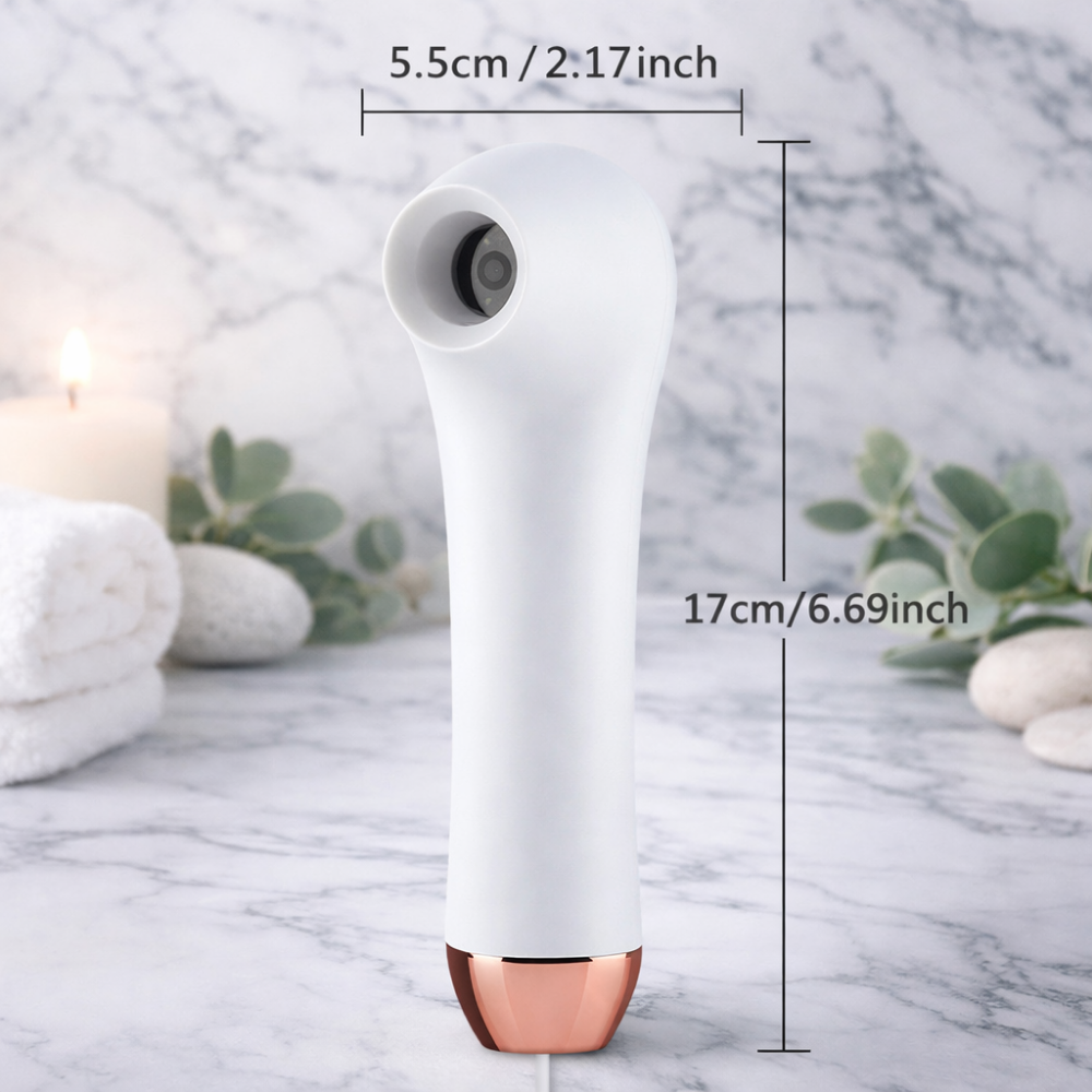 White ScalpCam handheld scalp camera with rose gold base on a marble background, showing product measurements for scalp analysis, dandruff detection, and scalp health monitoring at home.