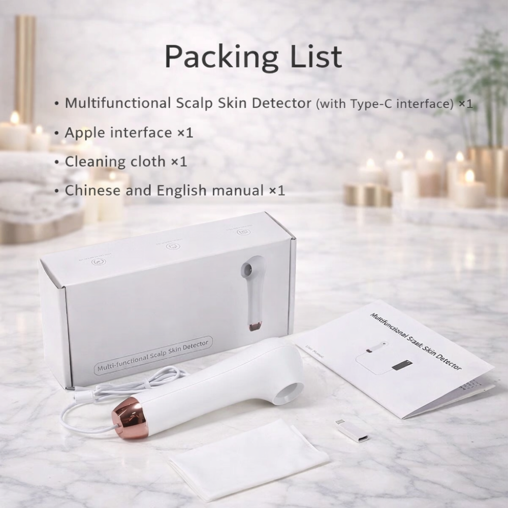 White ScalpCam handheld scalp analysis device with rose gold base and measurements on a white background, highlighting a compact tool for scalp inspection, dandruff detection, hair root monitoring, and at-home scalp health analysis.
