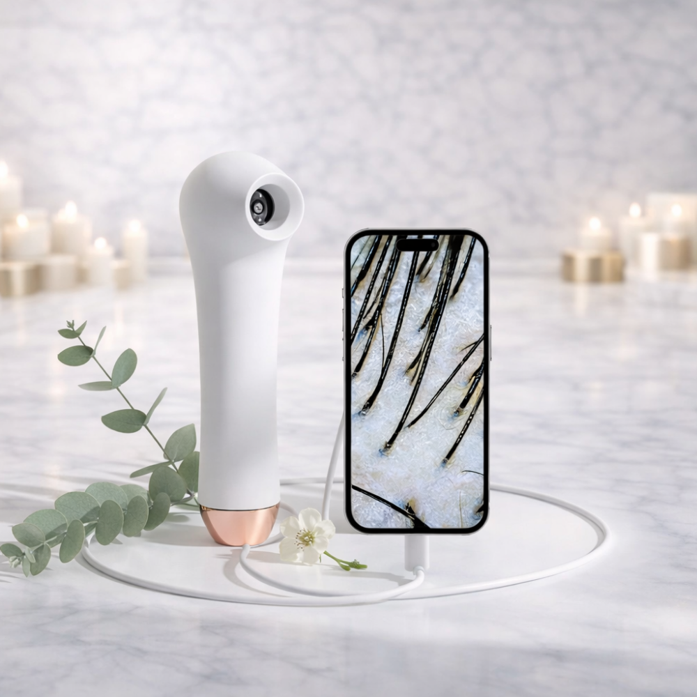 White ScalpCam handheld scalp camera on a stand beside a smartphone, surrounded by candles and greenery, showing an elegant setup for scalp analysis, dandruff detection, hair root inspection, and scalp health checks at home.