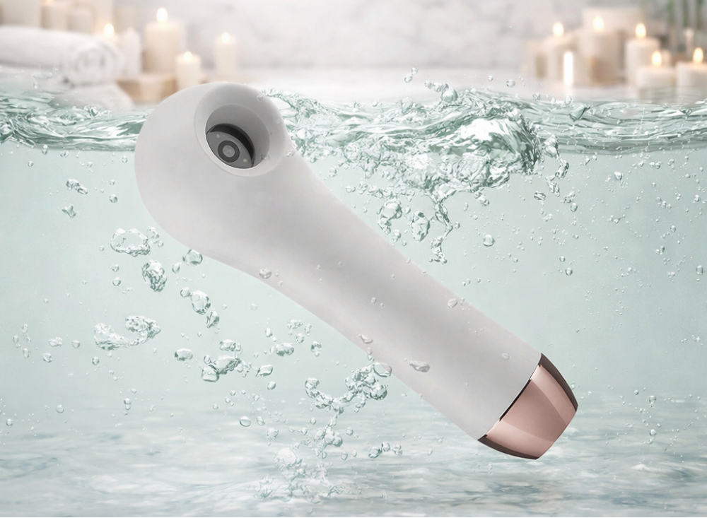 White waterproof ScalpCam scalp analysis device submerged in water with candles in the background, showcasing a water-resistant tool for scalp inspection, dandruff detection, and scalp health monitoring at home or in salons.